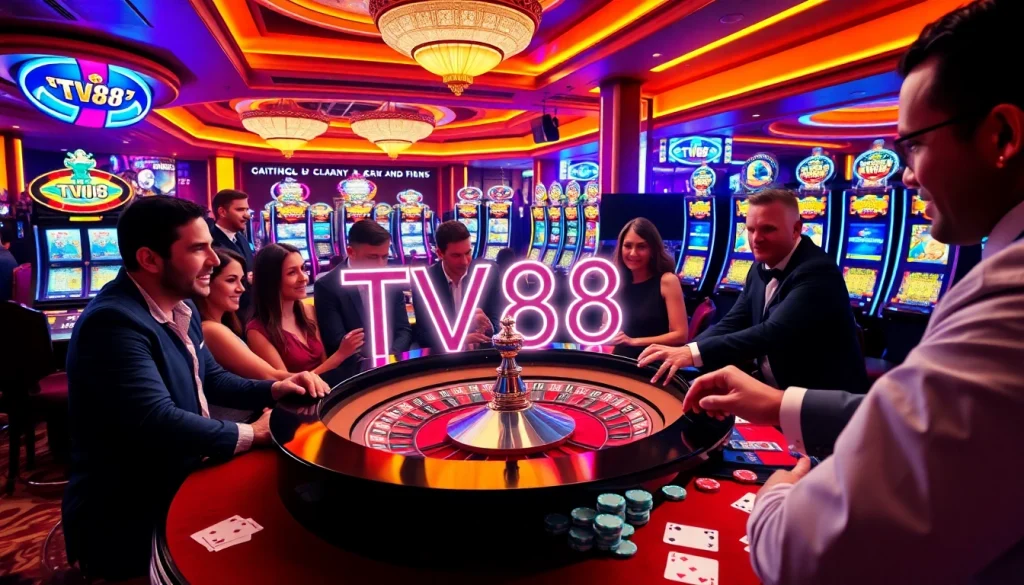 TV88 glows amidst an exciting casino setting with players at a roulette table, highlighting bright colors and energy.