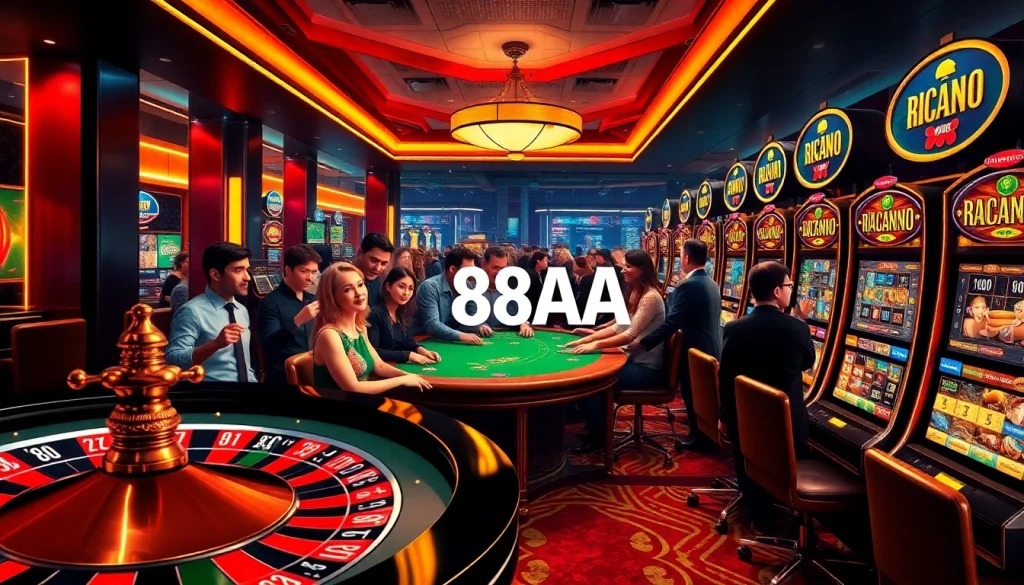 Experience the excitement of 88AA at a vibrant casino featuring a roulette wheel and enthusiastic players.