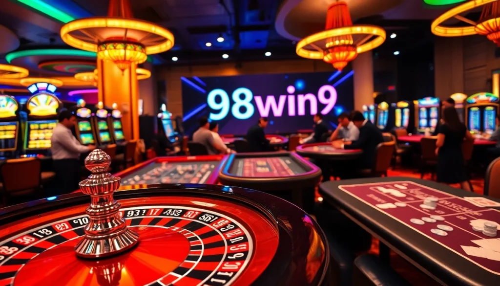 98win9 casino experience featuring a lively roulette wheel and engaged players at gaming tables.