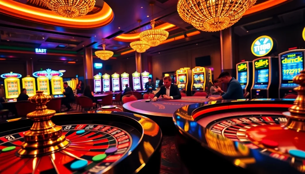 Stunning view of a casino with slot machines and roulette wheel, capturing the f1688 thrill of winning.