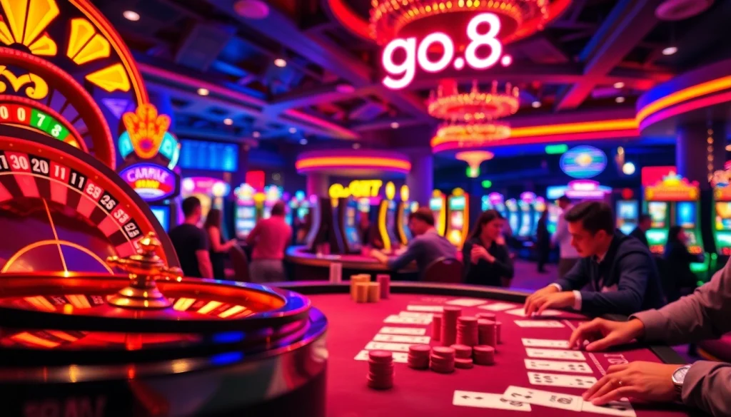Players at a blackjack table enjoying the excitement of go.8 casino games under vibrant lights.