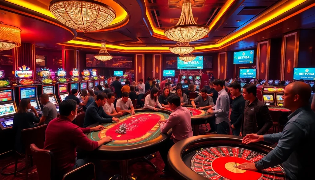Exciting scene of luxury casino gaming action at https://betvisa.charity/ with poker, roulette, and vibrant slot machines.