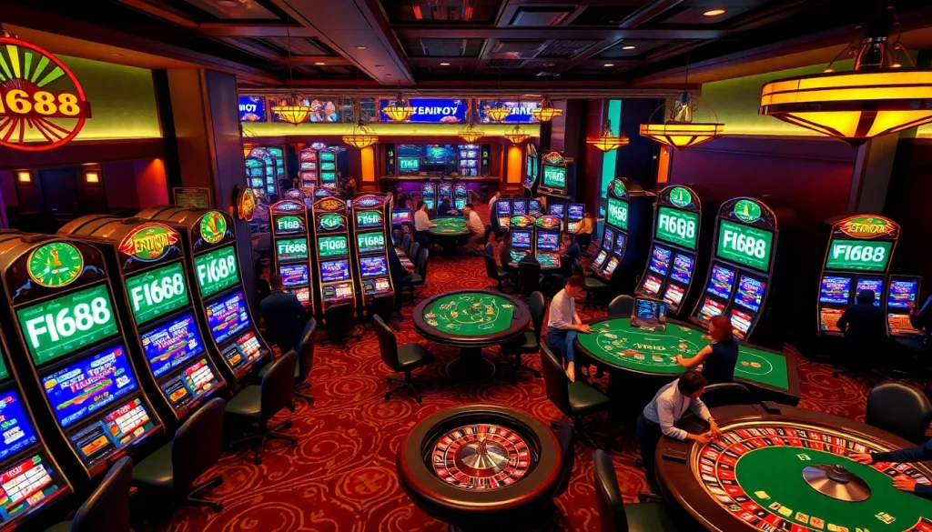 Experience the thrill of winning at F1688's vibrant casino, featuring slot machines and live poker action.