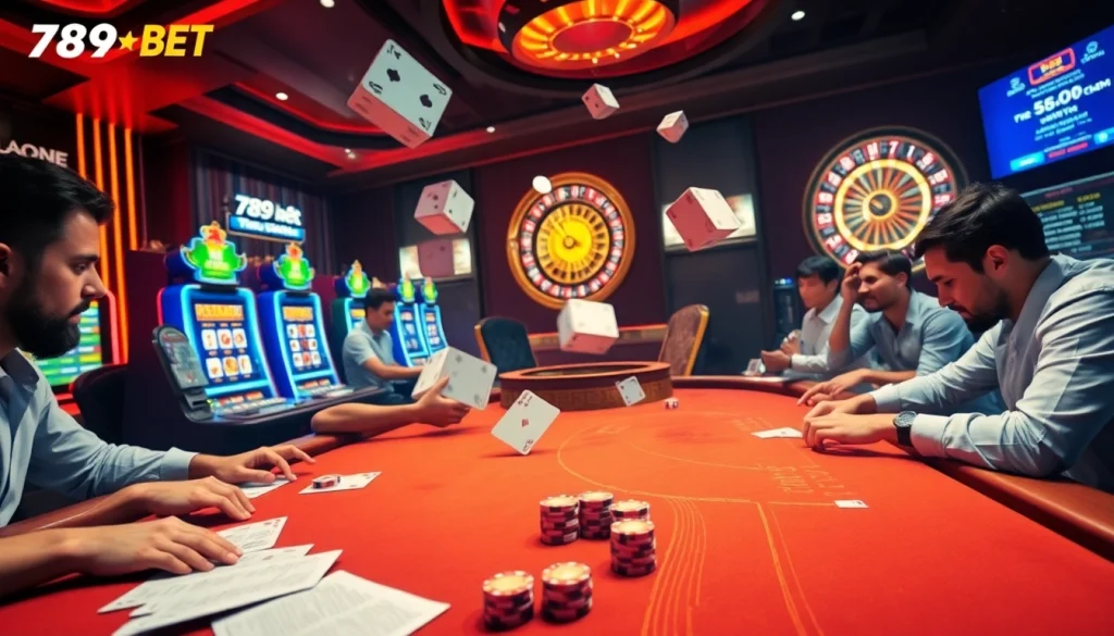Join the thrill of gambling at 789BET as players engage in poker and roulette under vibrant lights.