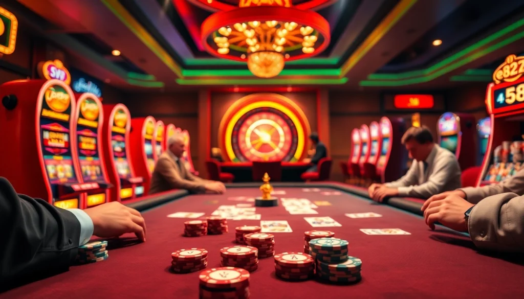 Players intense in a poker game at an e28 casino, surrounded by vibrant slot machines.