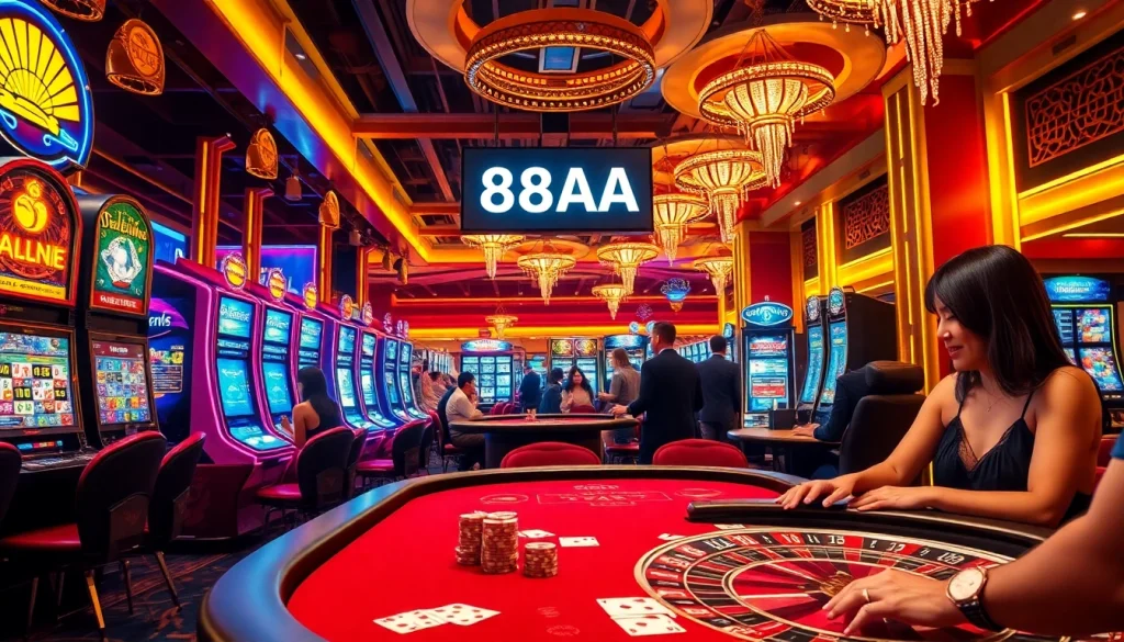 Experience the thrill of gambling at 88AA casino with vibrant tables and eager players engaging in exciting bets.