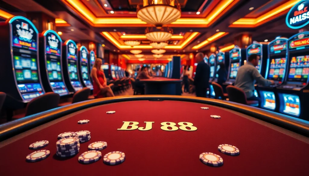 BJ 88 poker table in an upscale casino filled with excited players and vibrant slot machines.