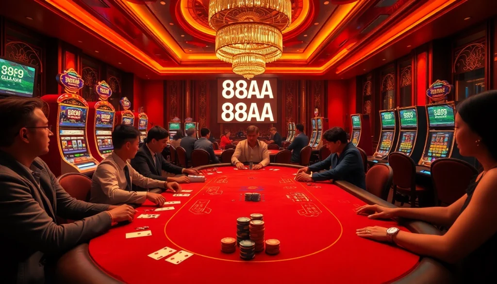 88AA players excitedly placing bets at a blackjack table in an opulent casino.