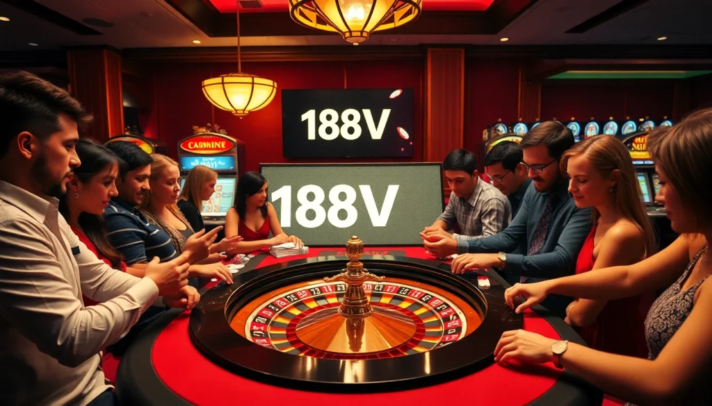 188V gamblers celebrating victory at a vibrant roulette table in a bustling casino atmosphere.