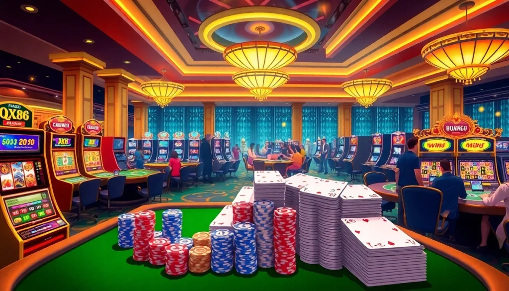 Experience the excitement of QQ88's casino with players at thrilling tables, colorful slots, and festive atmosphere.