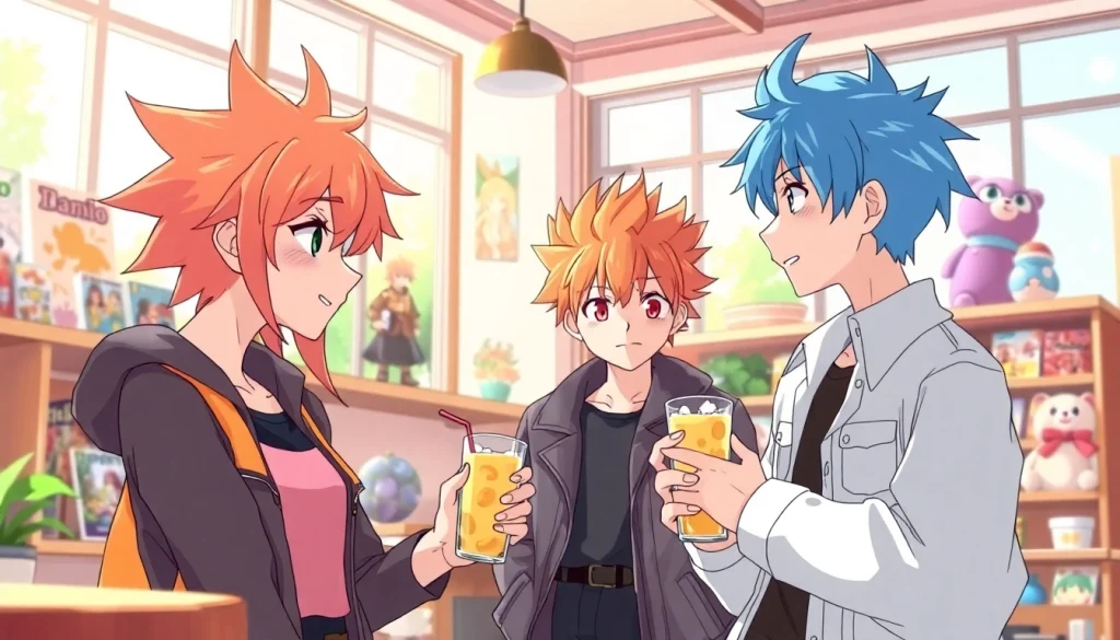 Anime sex scene with vibrant characters enjoying a conversation in a cozy café.